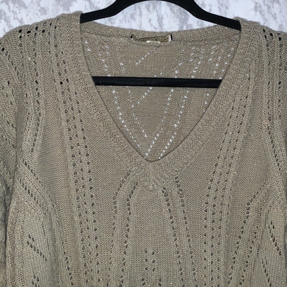 Vintage Dana Scott Woven V Neck Tunic Sweater Beige with Gold Thread Size Large - Picture 8 of 9